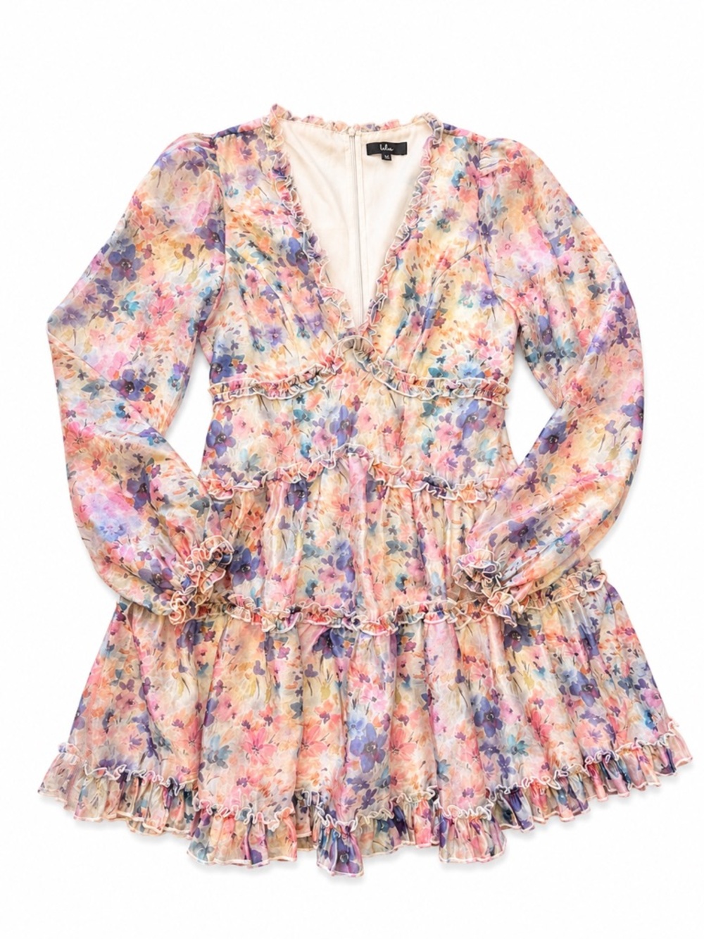 Lulu's Pastel Floral Ruffle V-Neck Mini Dress - Picture 3 of 6